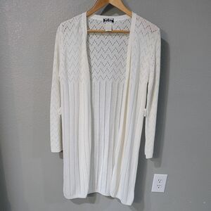 Pony Cream Open-Front Pointelle Long Cardigan